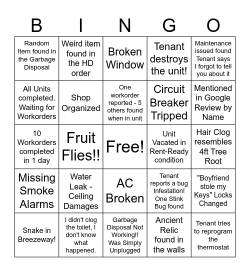 Maintenance Bingo Card