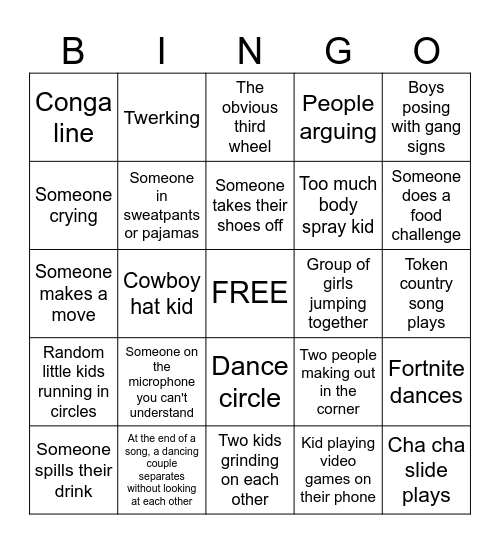 High School Dance Bingo Card