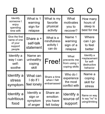 Relapse Prevention Bingo Card