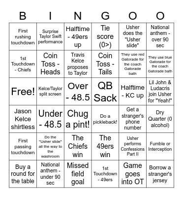 SUPERBOWL 2024 Bingo Card