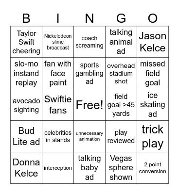 Super Bowl Bingo Card