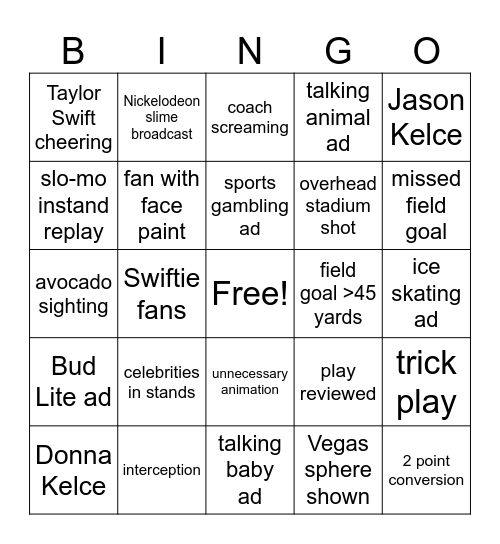 Super Bowl Bingo Card