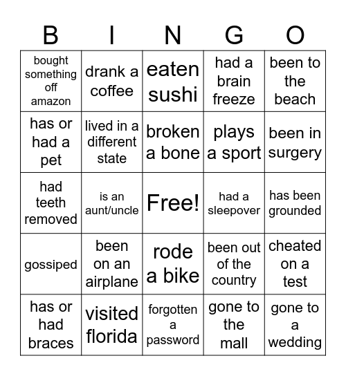 Have you done these things? Bingo Card