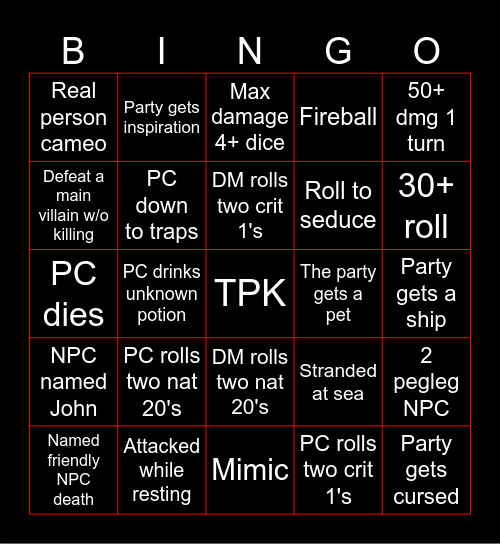 D&D Suffering Bingo Card