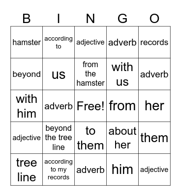 Prepositions Bingo Card