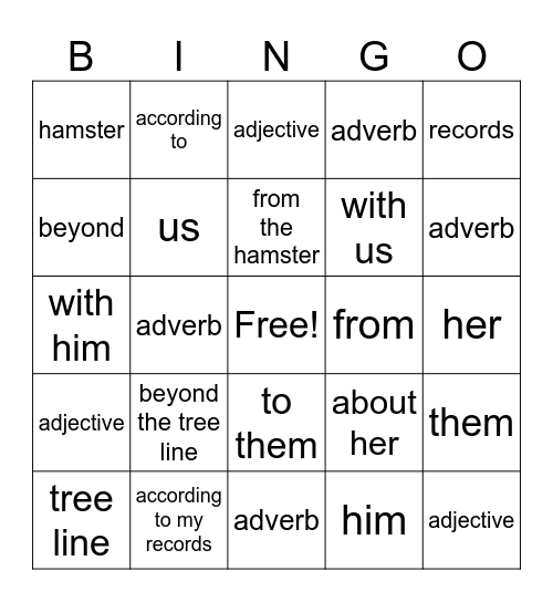 Prepositions Bingo Card