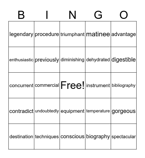 5th Grade Sight Words Bingo Card