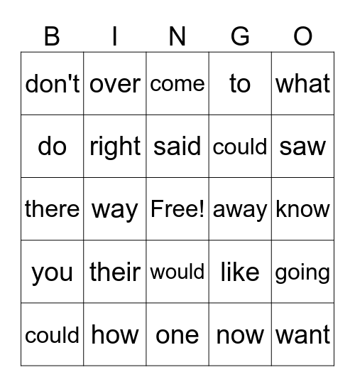 High Frequency Words Bingo Card