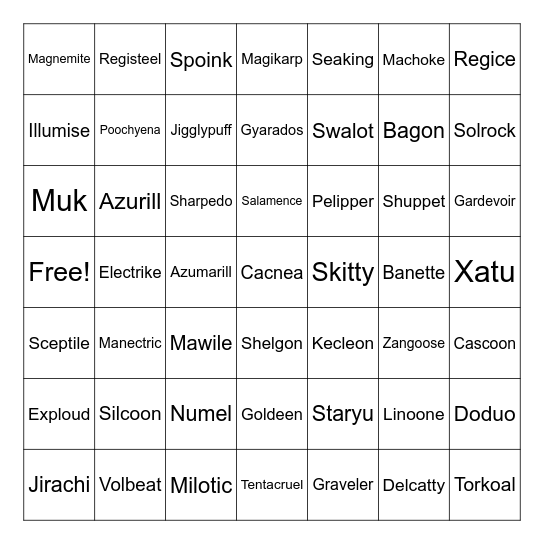 Pokemon Bingo Gen 3 Bingo Card