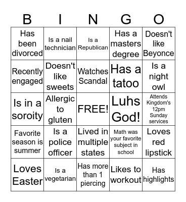 CoverGirls Bingo Card