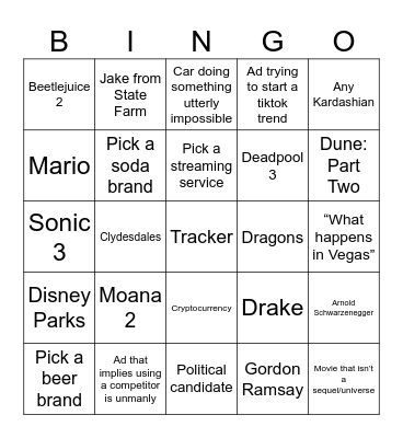 Super Bowl Ad Bingo Card
