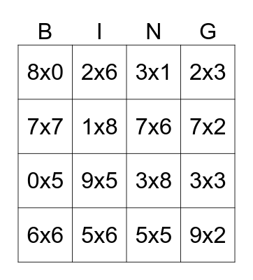 Multiplication Bingo Card