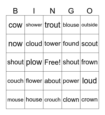 /OU/ Spelled with "ou" and "ow" Bingo Card