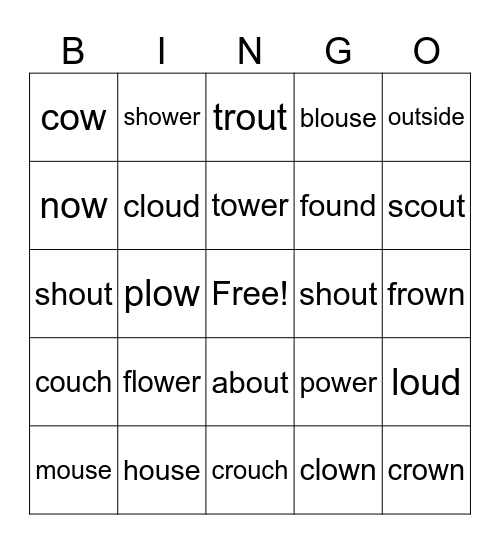 /OU/ Spelled with "ou" and "ow" Bingo Card