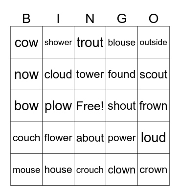 /OU/ Spelled with "ou" and "ow" Bingo Card