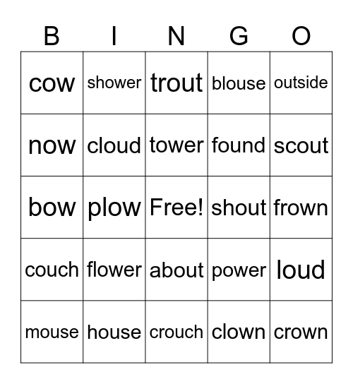 /OU/ Spelled with "ou" and "ow" Bingo Card