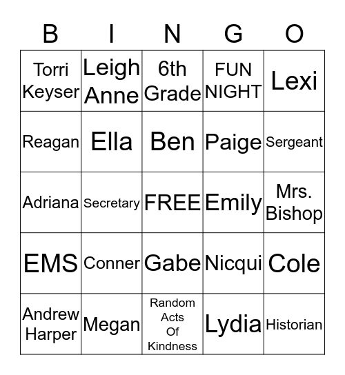 Student Council 6th Grade Bingo Card