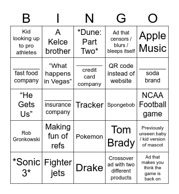 Super Bowl Ad Bingo Card