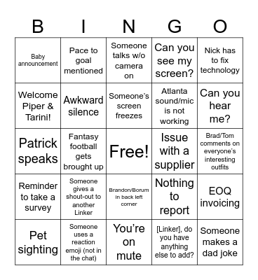 Proj Meeting Bingo Card
