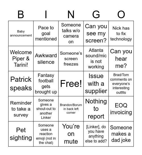 Proj Meeting Bingo Card
