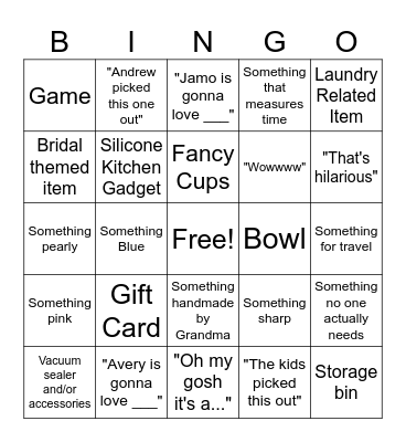 Shower Gifts Bingo Card