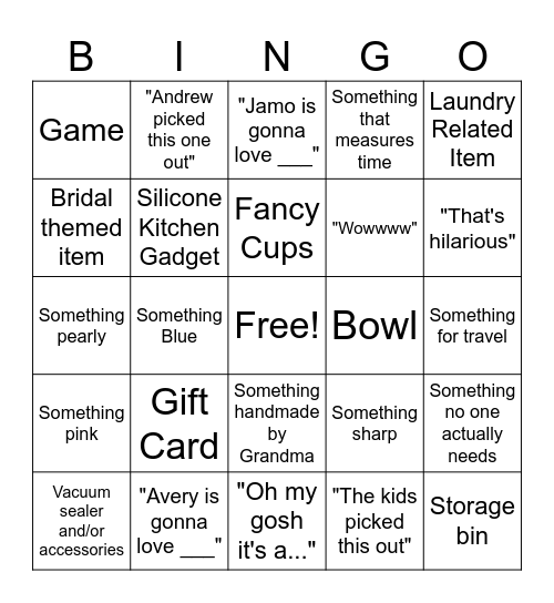 Shower Gifts Bingo Card