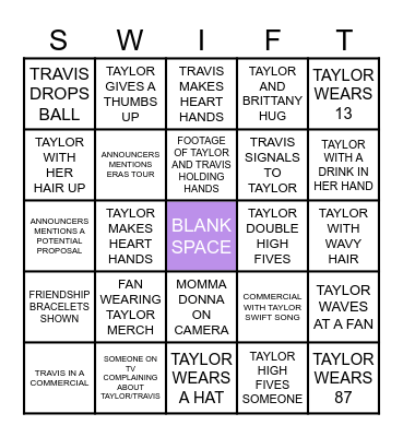SWIFTIE BOWL 2024 Bingo Card