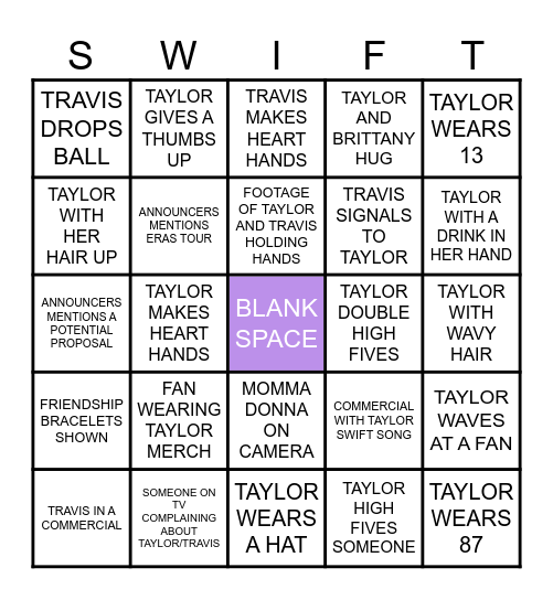 SWIFTIE BOWL 2024 Bingo Card