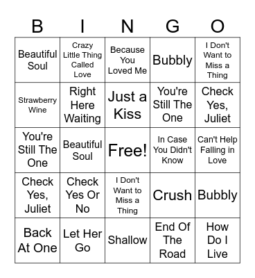 Love Songs Bingo Card