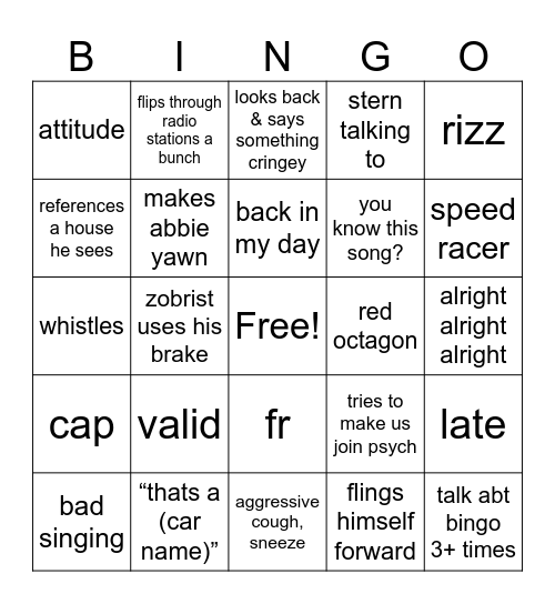 drivers ed bingo Card
