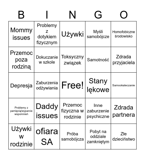 Trauma Bingo Card