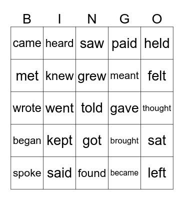 Irregular Verbs Bingo Card
