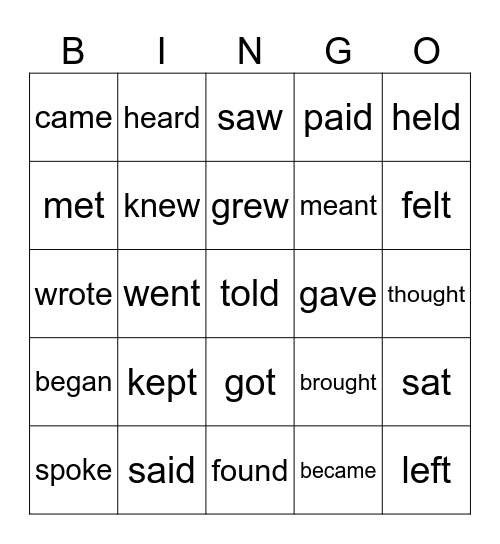Irregular Verbs Bingo Card