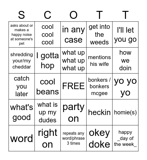 Scott Sayings Bingo Card