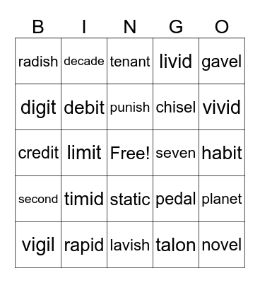 Camel words Bingo Card
