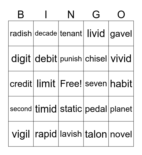 Camel words Bingo Card