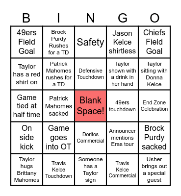 Swiftie Bowl Bingo Card