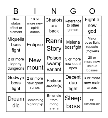 Elden Ring DLC Bingo Card