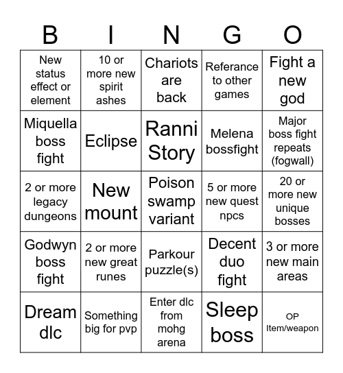 Elden Ring DLC Bingo Card