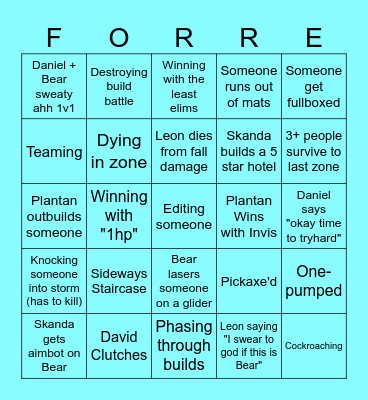 Fortnite bingo Card