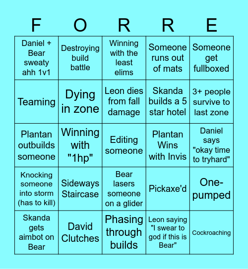 Fortnite bingo Card