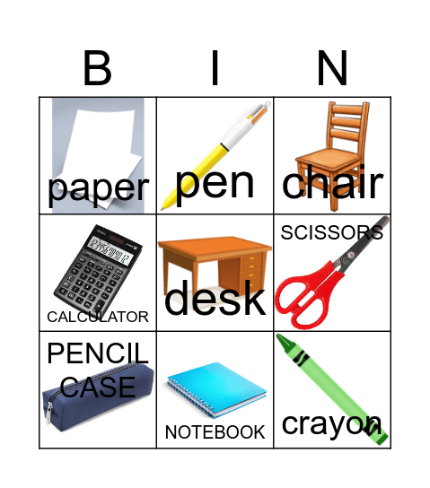 School Objects Bingo Card