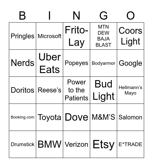 SUPER BOWL BINGO of GLORY Bingo Card