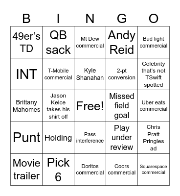 Super Bowl LVIII Bingo Card