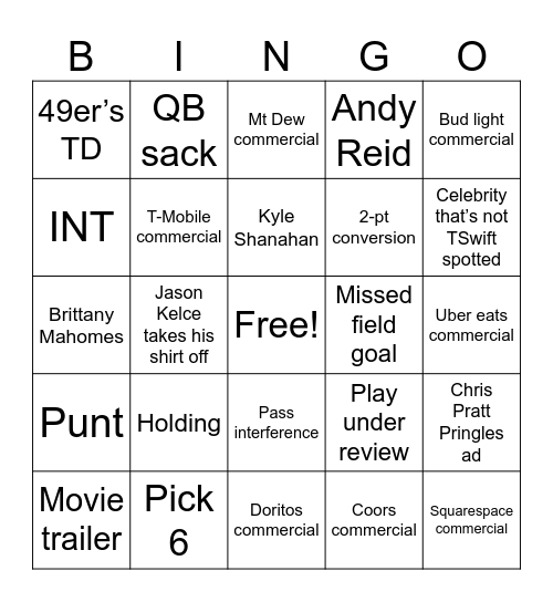 Super Bowl LVIII Bingo Card