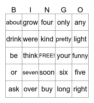 Sightword Bingo Card