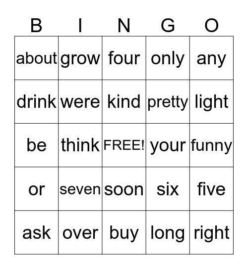 Sightword Bingo Card
