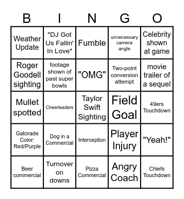 Superbowl 2024 Bingo Card