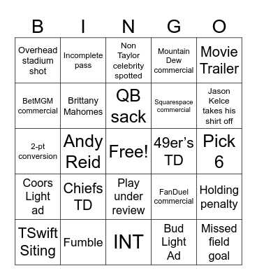 Super Bowl LVIII Bingo Card