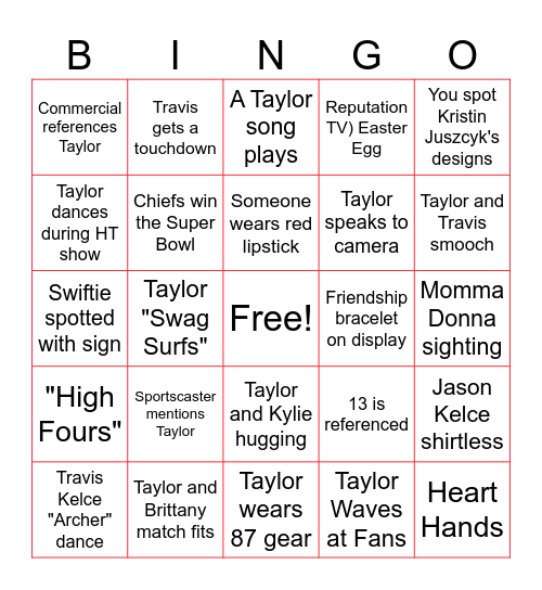 SUPER BOWL SWIFITE BINGO Card